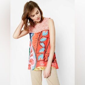 Desigual multi-pattern open crochet bodice crinkle flowy bottom lined tank. XXL.
